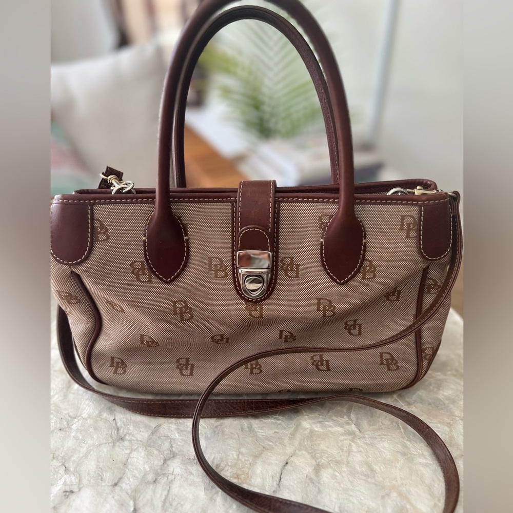 Dooney & Bourke Brown Monogram Leather and Canvas Shoulder Bag Tote Purse